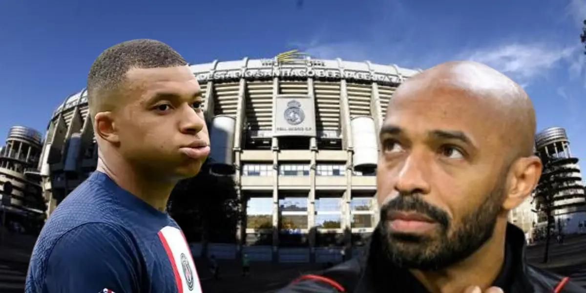 Mbappé mira a Henry, de fondo Santiago Bernabéu