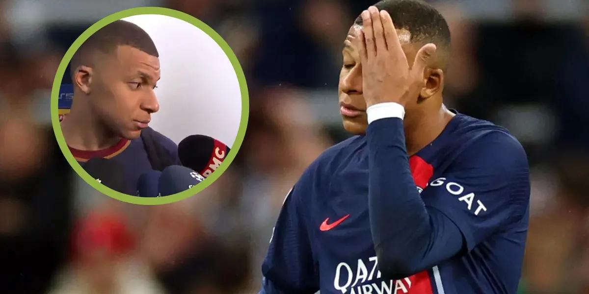 Mbappé se lamenta con la camiseta del PSG.