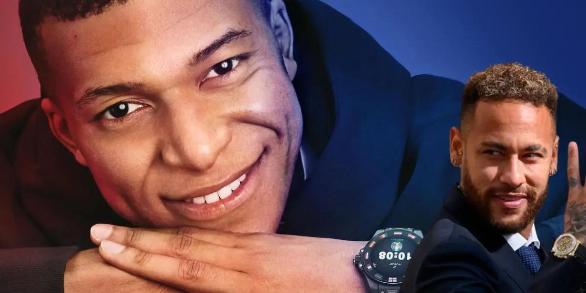 Mbappé sonriente con su reloj. Neymar haciendo un gesto con reloj en la muñeca.