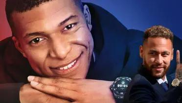 Mbappé sonriente con su reloj. Neymar haciendo un gesto con reloj en la muñeca.