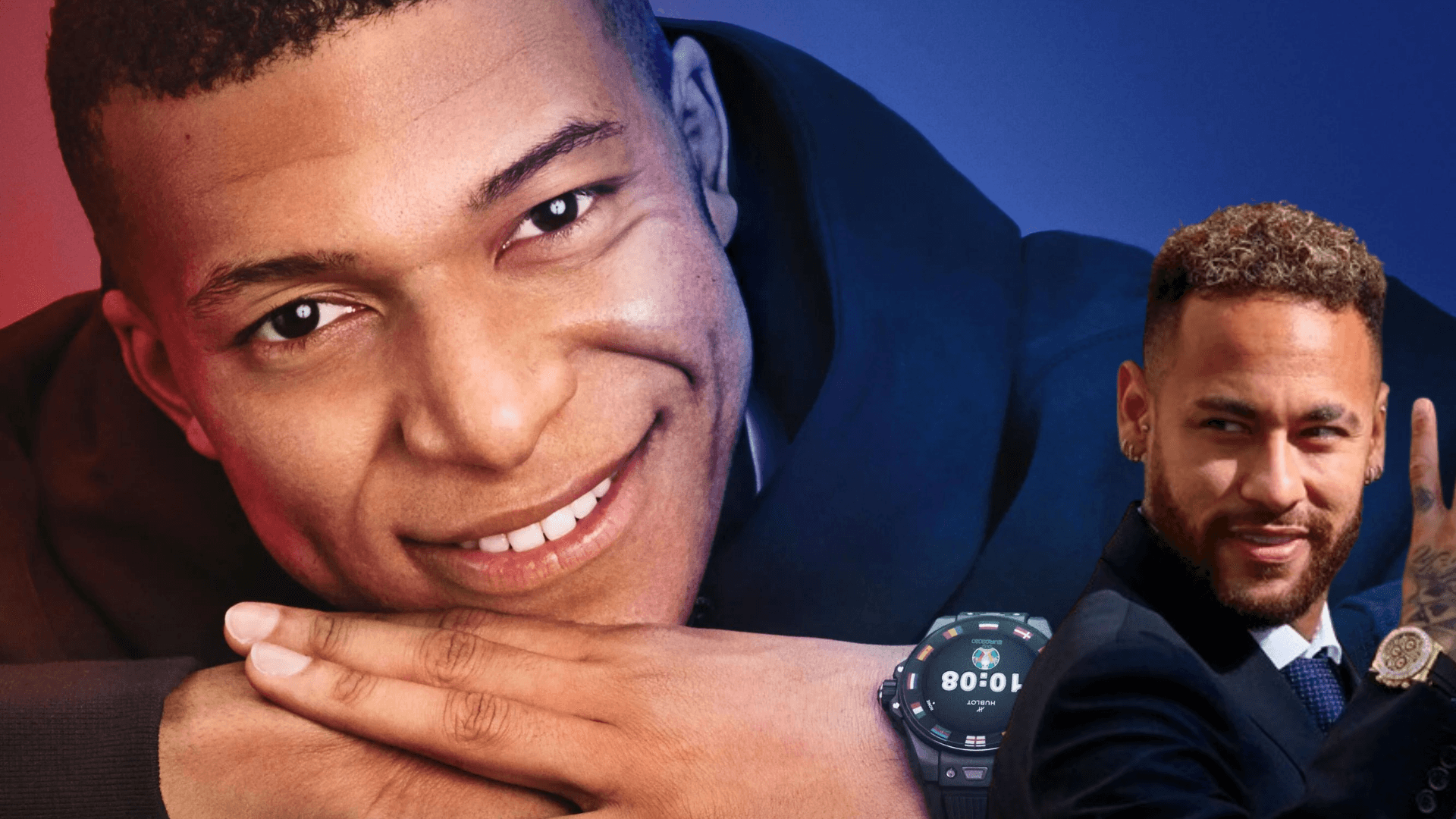 Mbappé sonriente con su reloj. Neymar haciendo un gesto con reloj en la muñeca.