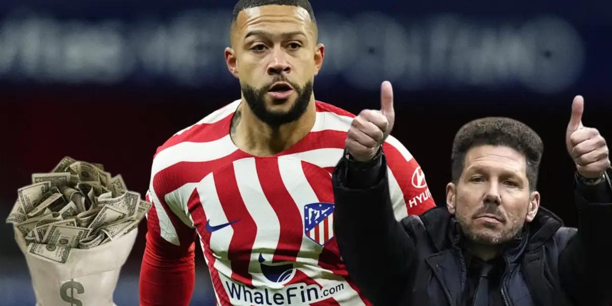 Memphis Depay en Atlético Madrid. Bolsón de dinero y Simeone levantando los pulgares.