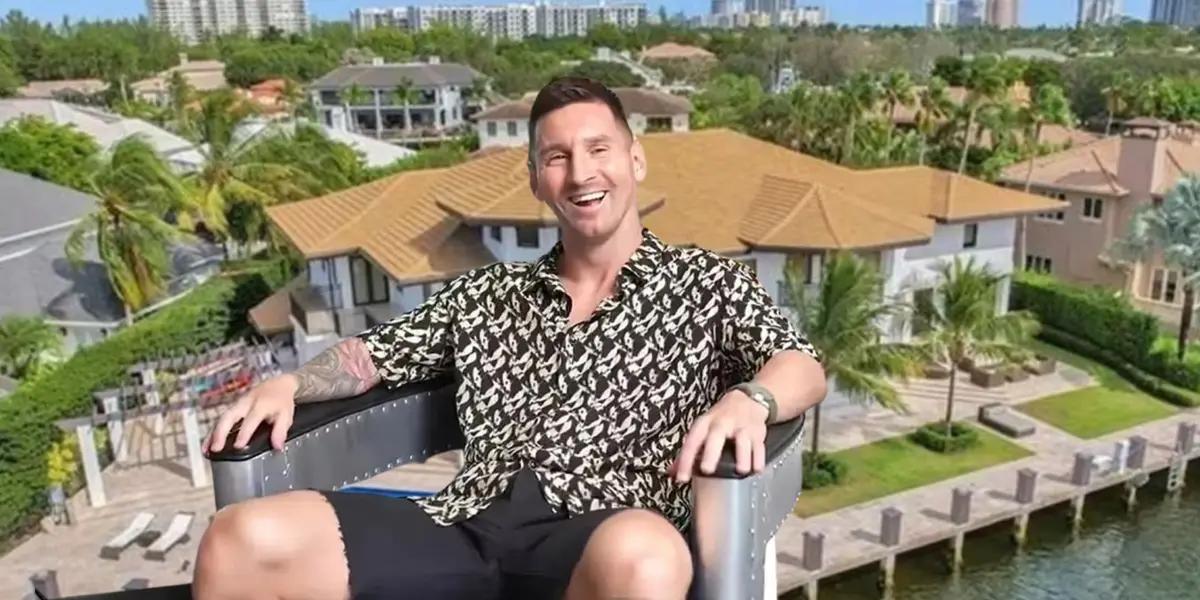 Messi riendo, mansión de fondo