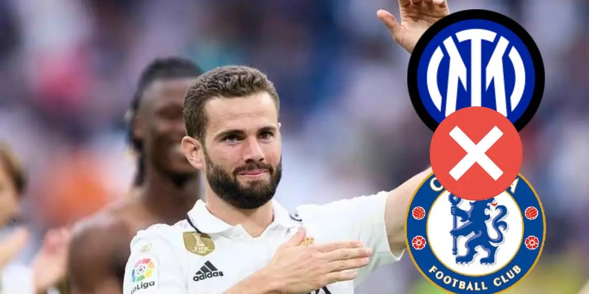 Nacho Fernández con la camiseta del Madrid. Escudos de Inter y Chelsea tachados.