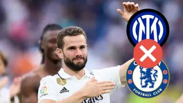 Nacho Fernández con la camiseta del Madrid. Escudos de Inter y Chelsea tachados.