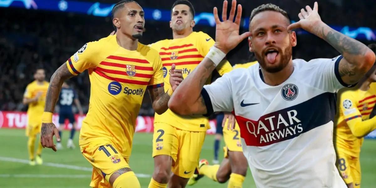 Neymar Junior celebrando su gol con camiseta del PSG y Raphinha festejando con el FC Barcelona