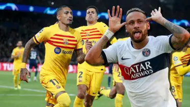Neymar Junior celebrando su gol con camiseta del PSG y Raphinha festejando con el FC Barcelona