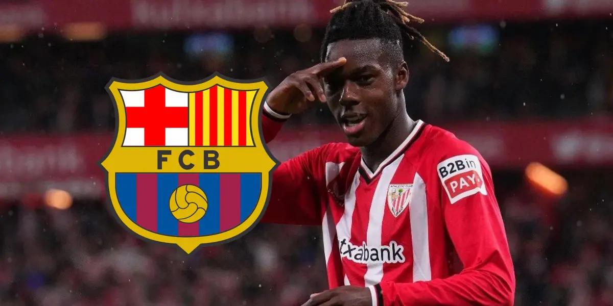 Nico Wlliams con la camiseta del Athletic Club, con el escudo del Barça, su interesado.