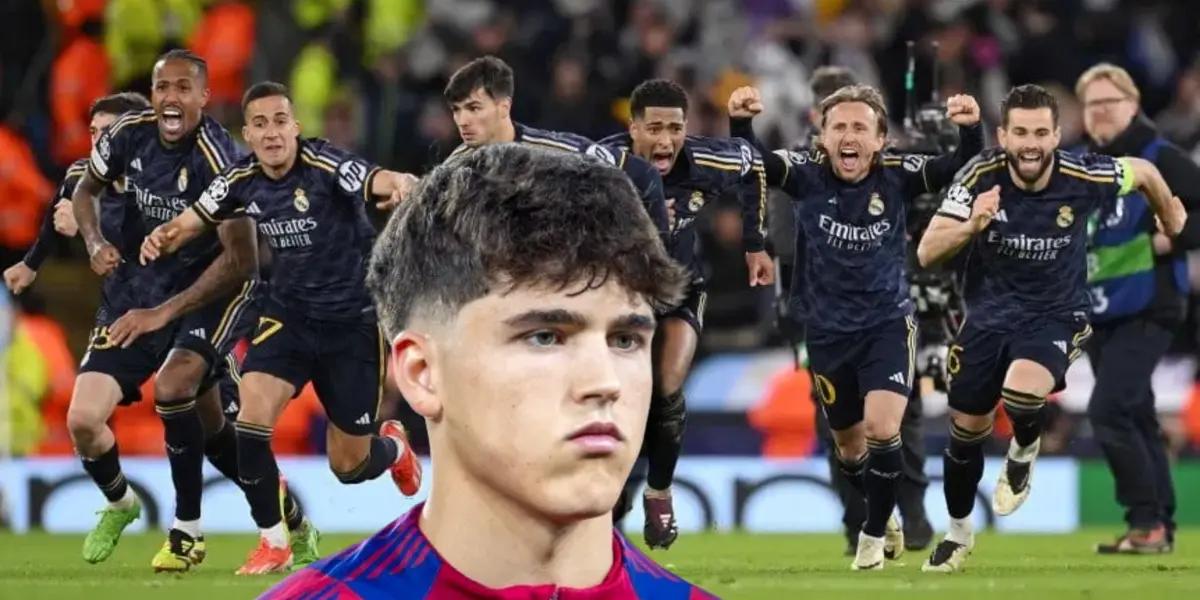 Pau Cubarsí, jugador del FC Barcelona y elementos del Real Madrid celebrando en Champions