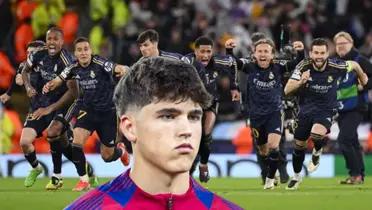 Pau Cubarsí, jugador del FC Barcelona y elementos del Real Madrid celebrando en Champions