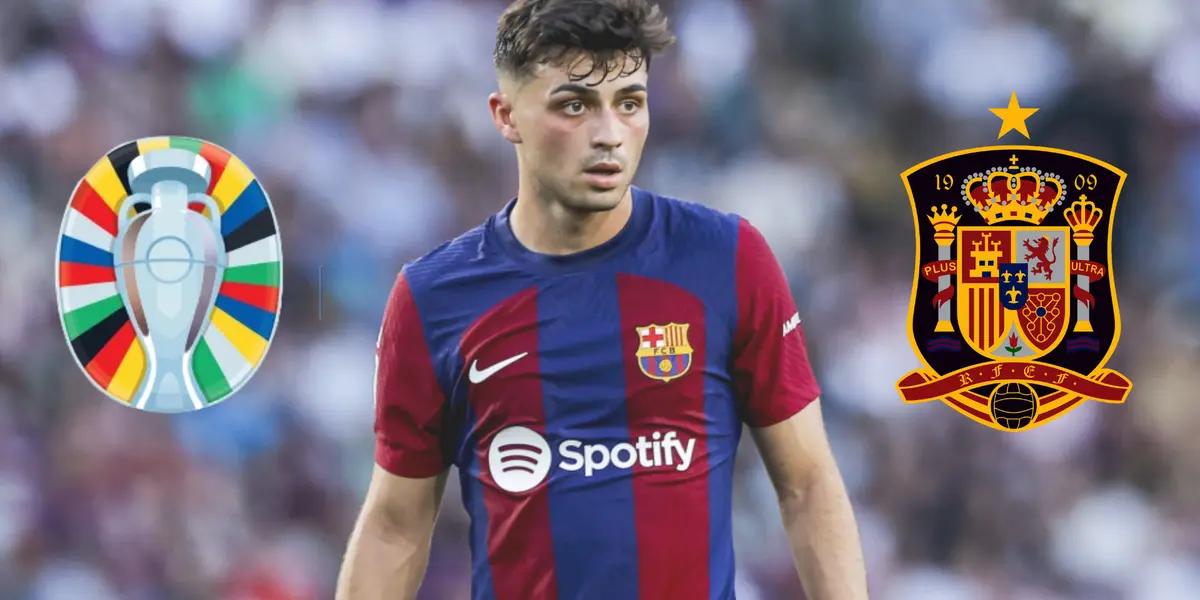 Pedri con camiseta de Barcelona. Escudo de la selección de España y logo de la Eurocopa 2024.