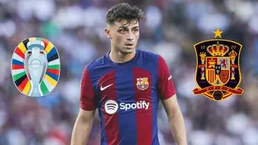 Pedri con camiseta de Barcelona. Escudo de la selección de España y logo de la Eurocopa 2024.