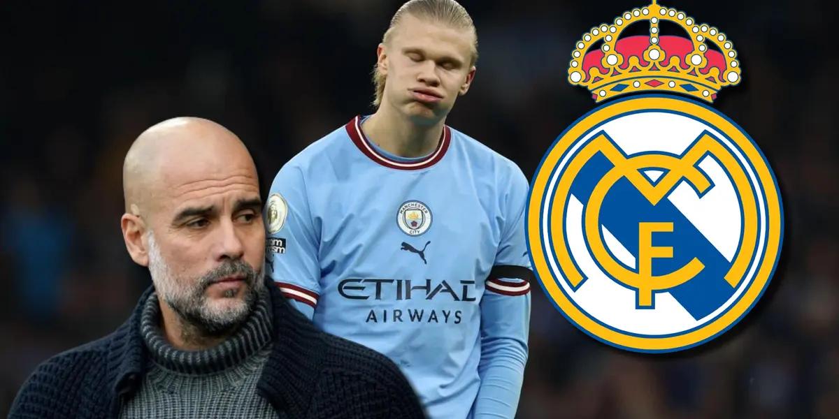 Pep Guardiola con Erling Haaland, del Manchester City
