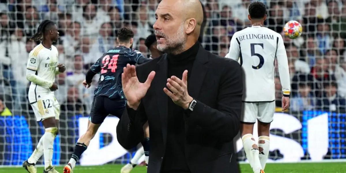 Pep Guardiola con jugadores del Real Madrid en Champions League