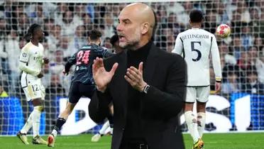 Pep Guardiola con jugadores del Real Madrid en Champions League