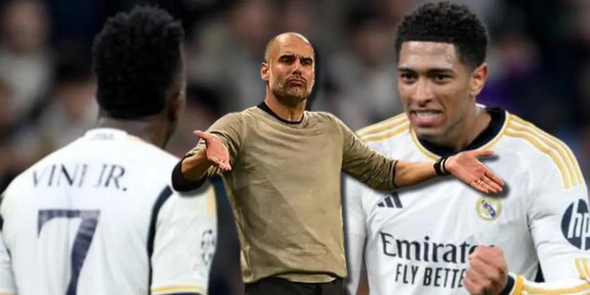 Pep Guardiola, entrenador del Manchester City, con jugadores del Real Madrid