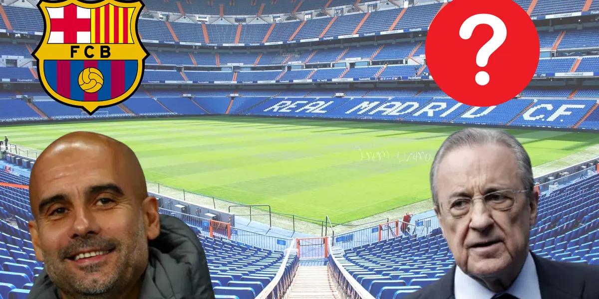 Pep Guardiola riendo, Florentino Pérez preocupado. Encima de ellos el escudo del Barcelona y signo de pregunta. De fondo, el Santiago Bernabéu