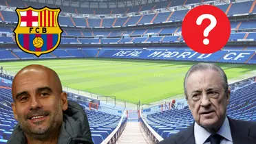 Pep Guardiola riendo, Florentino Pérez preocupado. Encima de ellos el escudo del Barcelona y signo de pregunta. De fondo, el Santiago Bernabéu