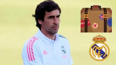 Raúl dirigiendo en el Castilla. Maletas armadas, escudo del Madrid.