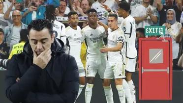 Real Madrid festejando en derbi. Xavi Hernández preocupado, puerta salida.