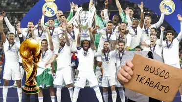 Real Madrid festejando la Champions 2018. Copa del Mundo en un costado, cartel de "busco trabajo" en el otro.