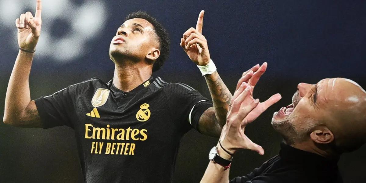 Rodrygo Goes, jugador del Real Madrid y Pep Guardiola, entrenador de Manchester City