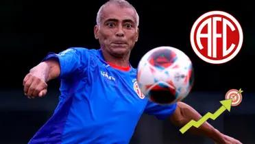 Romario en América de Río de Janeiro. Escudo del club y abajo una imagen de metas.