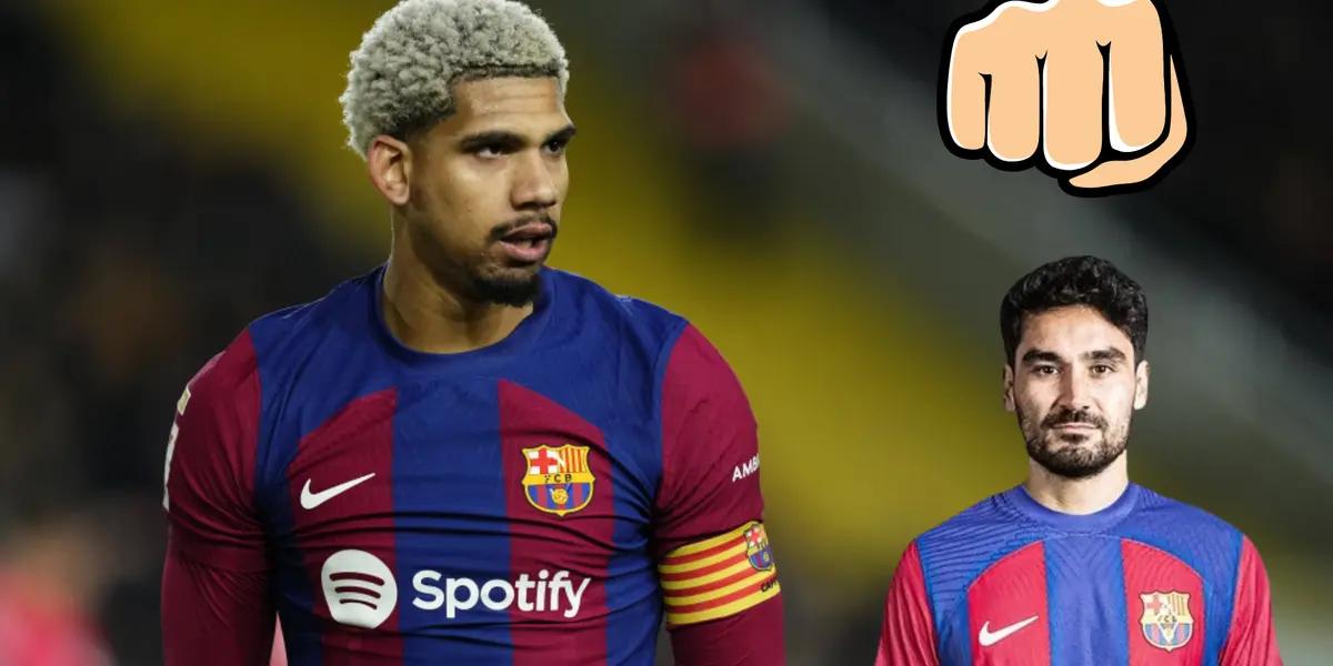 Ronald Araujo con la camiseta del FC Barcelona. Ilkay Gundogan serio, puño apretado.