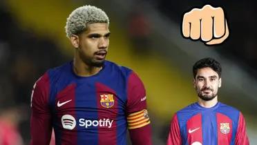 Ronald Araujo con la camiseta del FC Barcelona. Ilkay Gundogan serio, puño apretado.