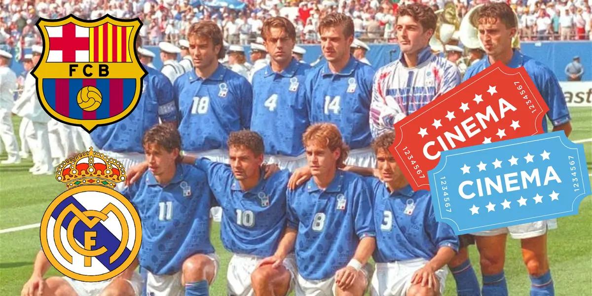 Selección Italia 1994. Escudos del FC Barcelona y Real Madrid más logo de cine.
