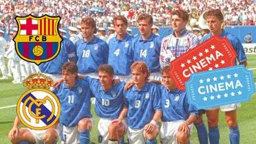 Selección Italia 1994. Escudos del FC Barcelona y Real Madrid más logo de cine.