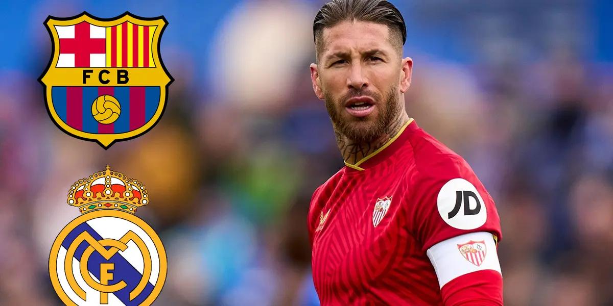 Sergio Ramos, capitán del Sevilla. Escudos del FC Barcelona y el Real Madrid