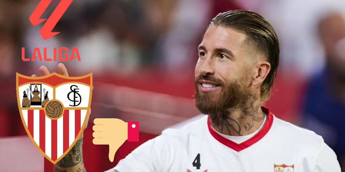 Sergio Ramos saludando. Logo de la Liga, debajo escudo del Sevilla y pulgar abajo.