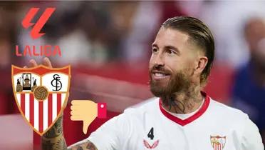 Sergio Ramos saludando. Logo de la Liga, debajo escudo del Sevilla y pulgar abajo.