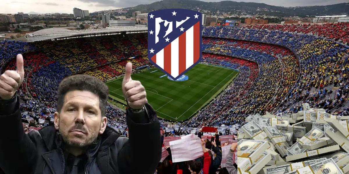 Simeone con pulgares para arriba, escudo de Atlético Madrid. De fondo un fajo de dinero y el Camp Nou.