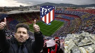 Simeone con pulgares para arriba, escudo de Atlético Madrid. De fondo un fajo de dinero y el Camp Nou.