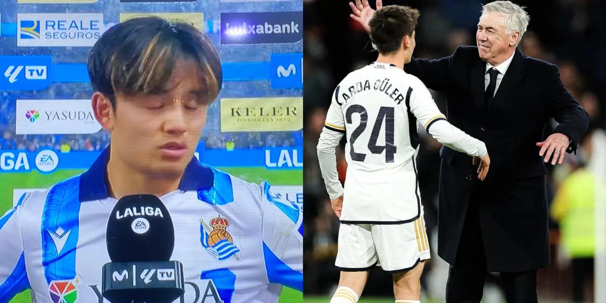 Take Kubo, jugador del Real Madrid, y Arda Guler con Carlo Ancelotti