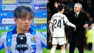 Take Kubo, jugador del Real Madrid, y Arda Guler con Carlo Ancelotti