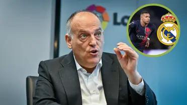 Tebas dando una entrevista y Mbappé celebrando un gol.