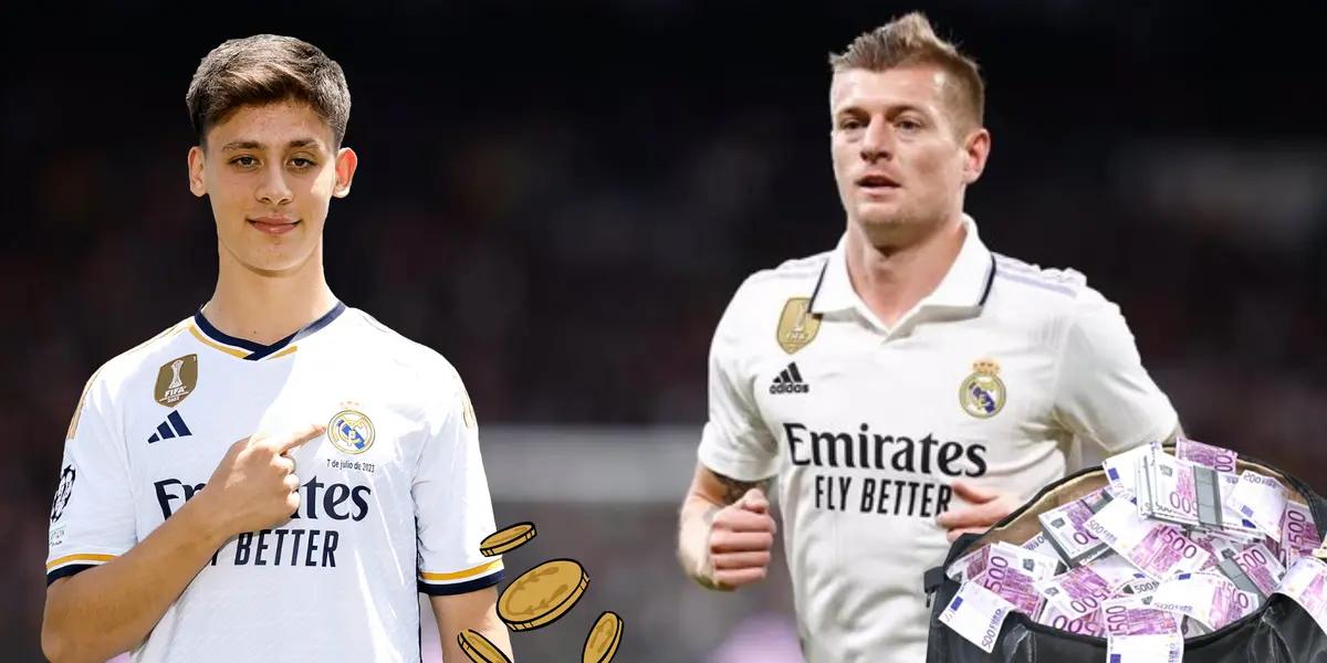 Toni Kroos y una maleta llena de dinero. Arda Guler con la camiseta del Real Madrid y unas monedas debajo.