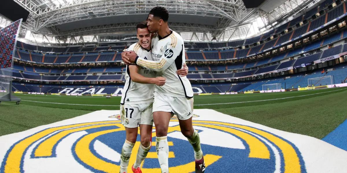 Vazquez y Bellingham celebrando, Bernabéu de fondo