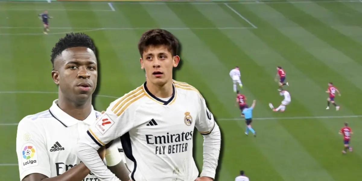 (VIDEO) Casi gol de mitad de cancha de Arda Güler y así reaccionó Vinicius Jr