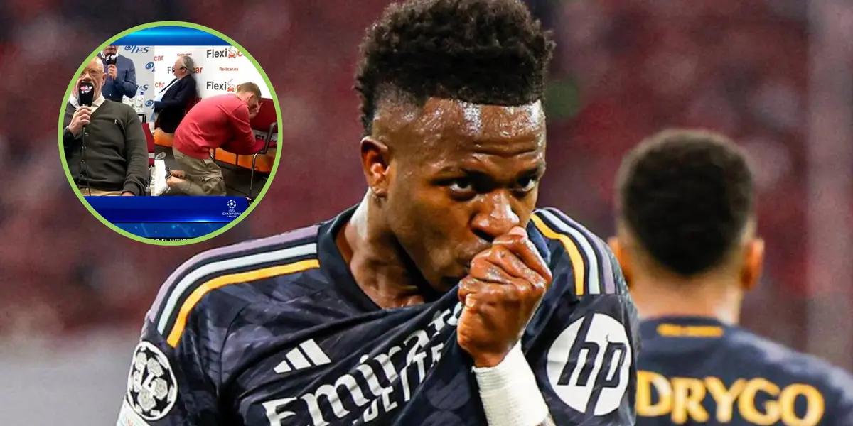Vinicius festeja el gol besando el escudo del Madrid, de fondo Jota Jordi lamentándose