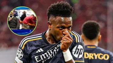 Vinicius festeja el gol besando el escudo del Madrid, de fondo Jota Jordi lamentándose