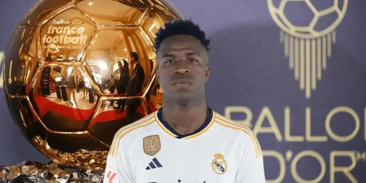 Vinicius Junior con la camiseta del Real Madrid y el Balón de Oro de fondo.