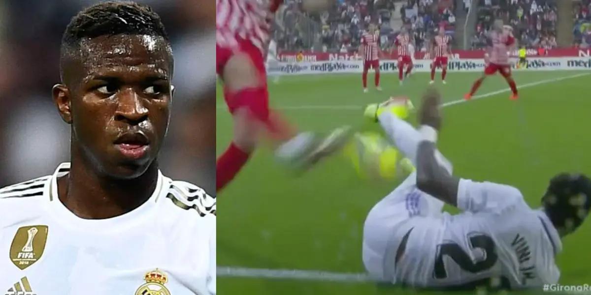 Vinicius Junior y su respuesta luego que un jugador del Girona le dio un pelotazo mientras estaba en el suelo