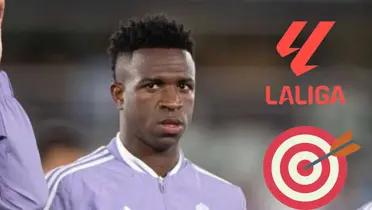 Vinicius mirando seriamente. Logo de La Liga y por debajo un dardo.