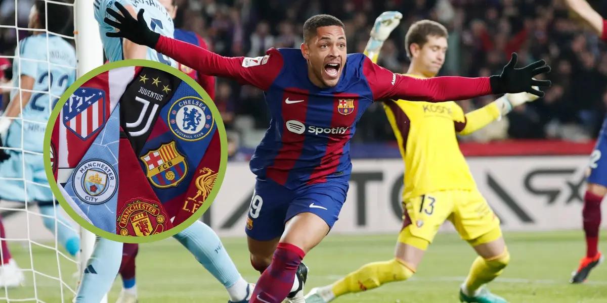 Vitor Roque celebrando un gol con el FC Barcelona y camisetas de gigantes del fútbol europeo.