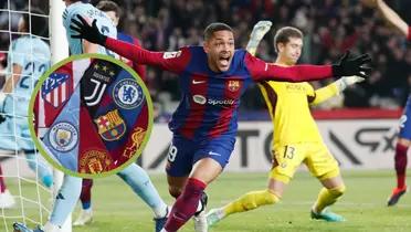 Vitor Roque celebrando un gol con el FC Barcelona y camisetas de gigantes del fútbol europeo.