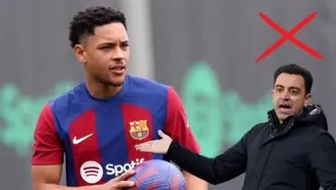 Vitor Roque con la camiseta del Barcelona. Xavi Hernández quejándose y una cruz de rechazo.